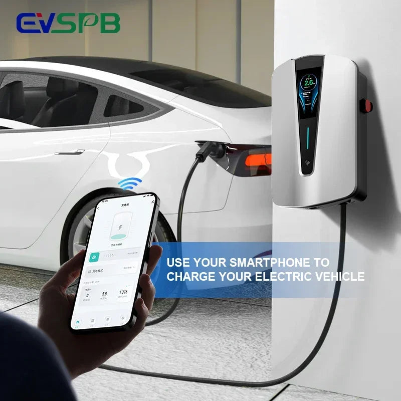 Borne de recharge véhicule électrique 7-22 kW, IP66, 230 V, montage mural, intérieur/extérieur
