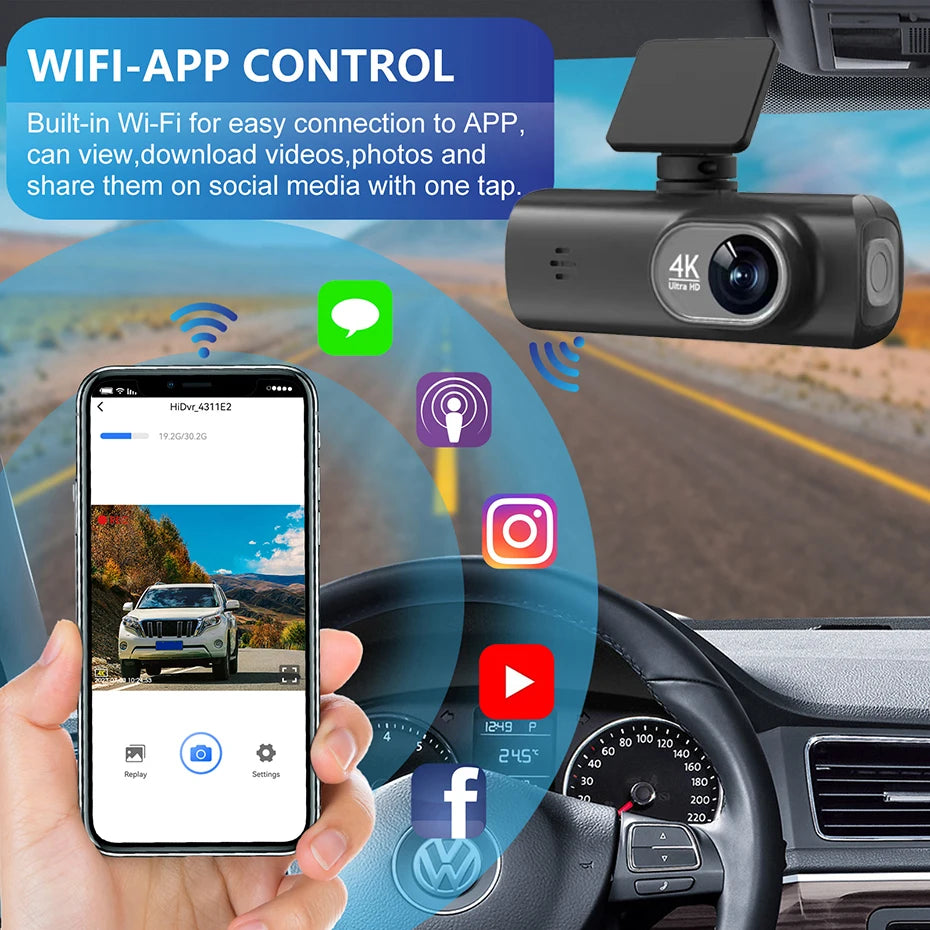 Caméra embarquée 4K UHD pour voiture, double objectif avant et arrière, GPS, Wi-Fi, mode parking 24h, vision nocturne, enregistreur vidéo DVR.
