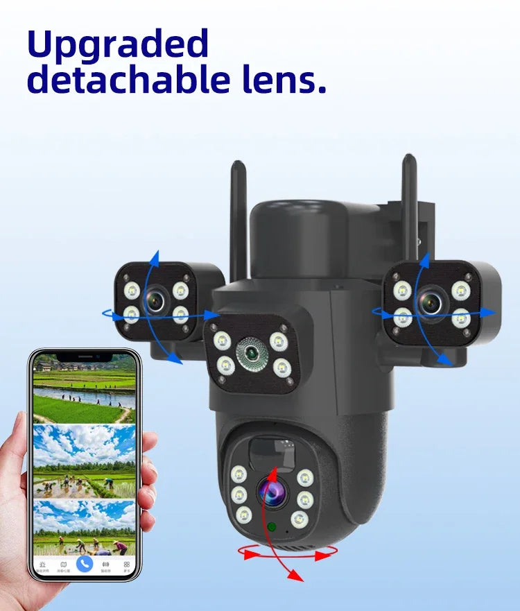 Caméra solaire 4G/WiFi, trois objectifs, écran, extérieur, 12 MP, 6K, batterie basse consommation, vision nocturne PIR, protection CCTV