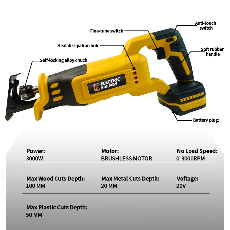 Scie alternative sans fil Electric Goddess WFJ003, moteur sans balais 20 V, 3000 W, coupe bois 100 mm