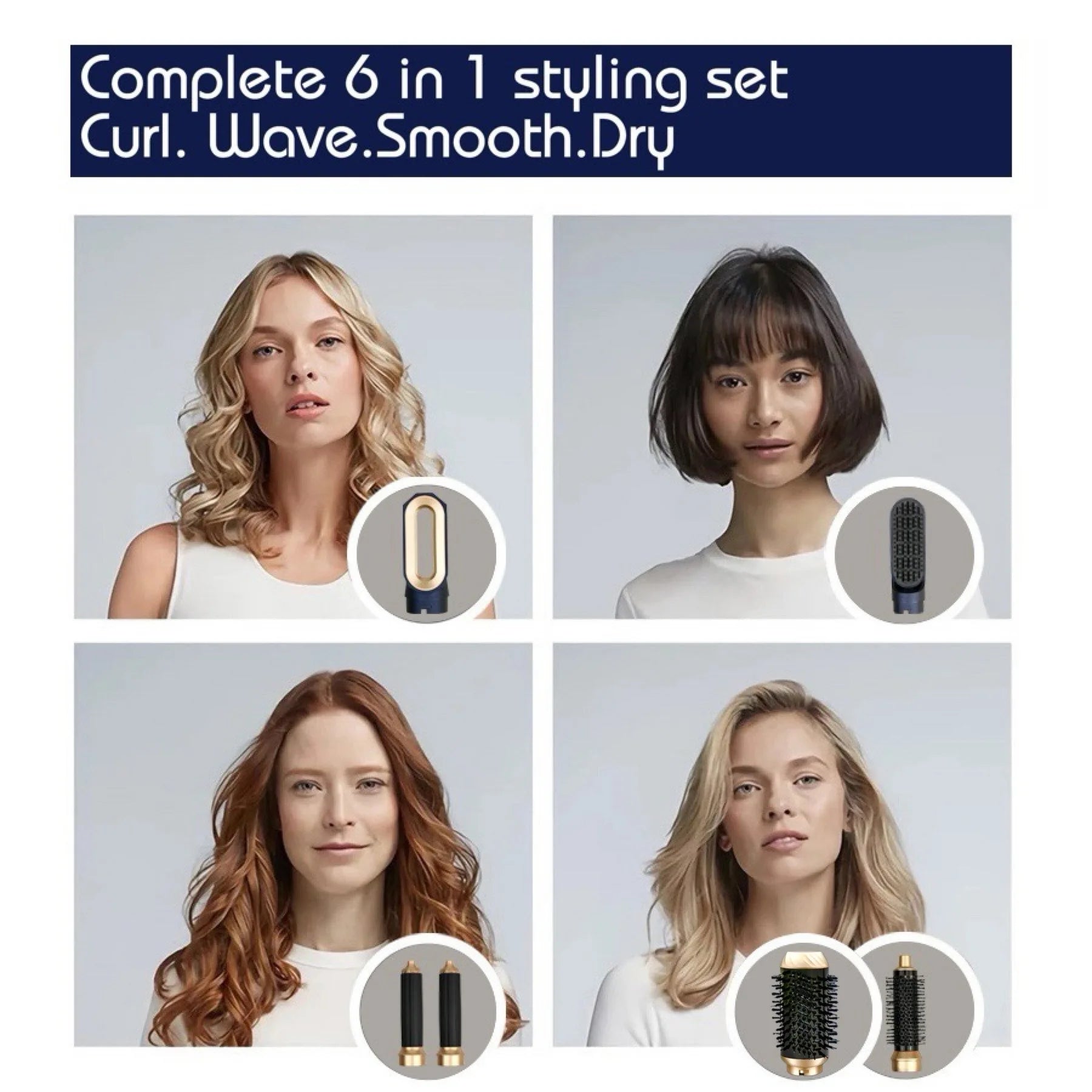 Sèche-cheveux multifonction 6 en 1 au design innovant : styler 6 en 1 avec fer à boucler et brosse à air chaud.