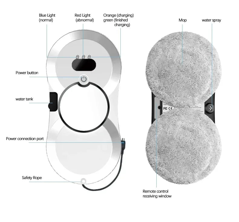 Robot nettoyeur de vitres automatique avec jet d'eau, télécommande, aspirateur et système anti-chute pour appartements et bureaux en hauteur
