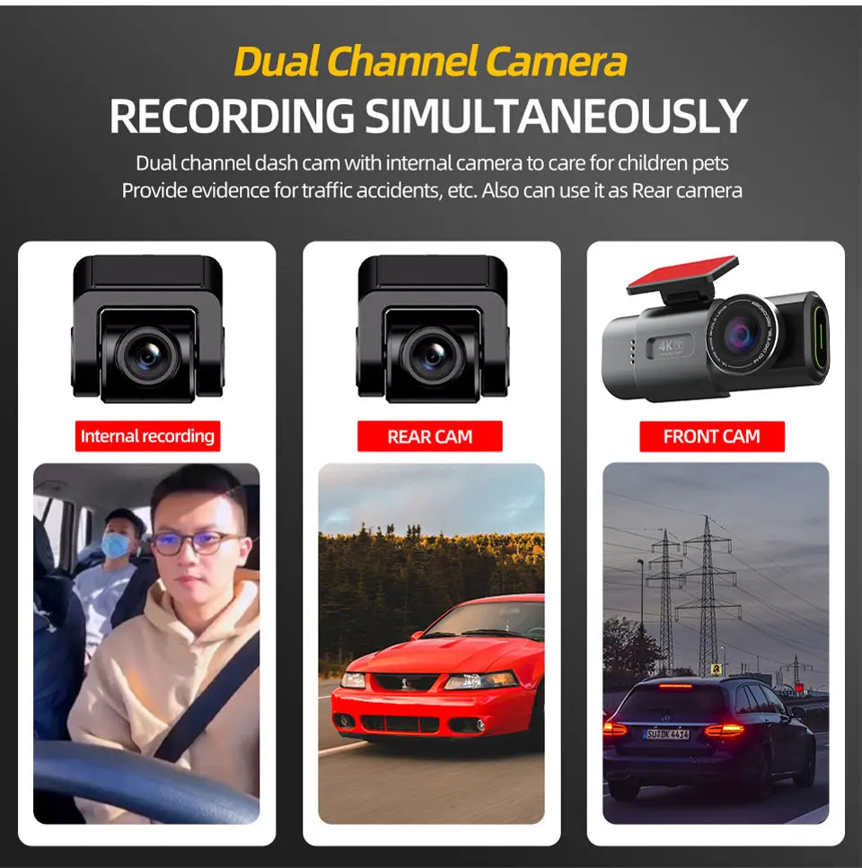 Caméra embarquée 4K UHD avec enregistrement vidéo DVR, vision nocturne, Wi-Fi intégré, GPS et surveillance 24h/24.