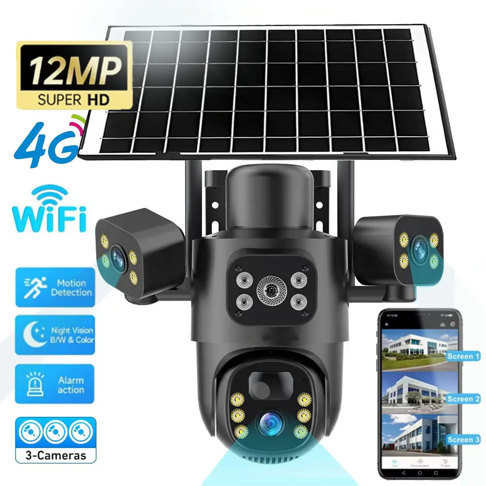 Caméra solaire 4G/WiFi, trois objectifs, écran, extérieur, 12 MP, 6K, batterie basse consommation, vision nocturne PIR, protection CCTV