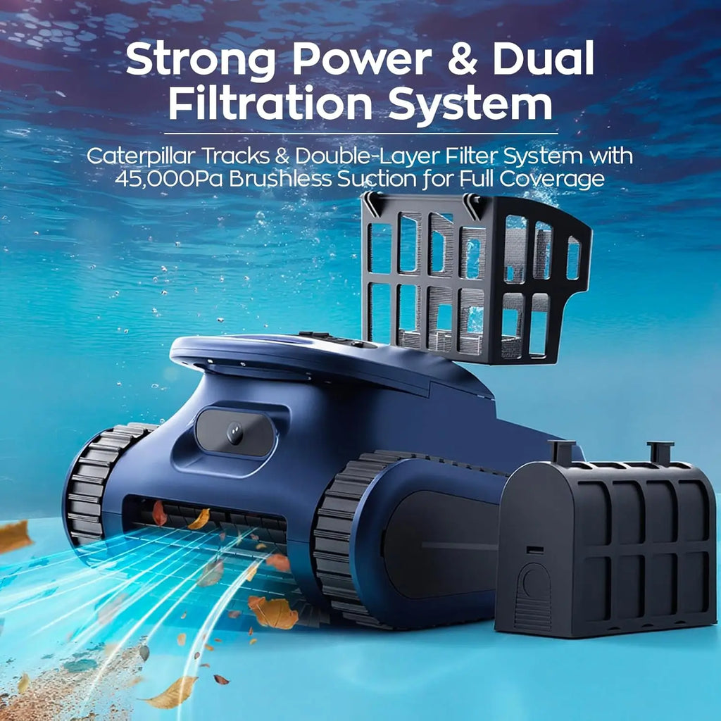 Robot aspirateur de piscine sans fil, aspirateur de piscine, moteur sans balais de 180 W, aspiration de 45 000 Pa, franchissement des parois et de la ligne d'eau, cartographie automatique du parcours