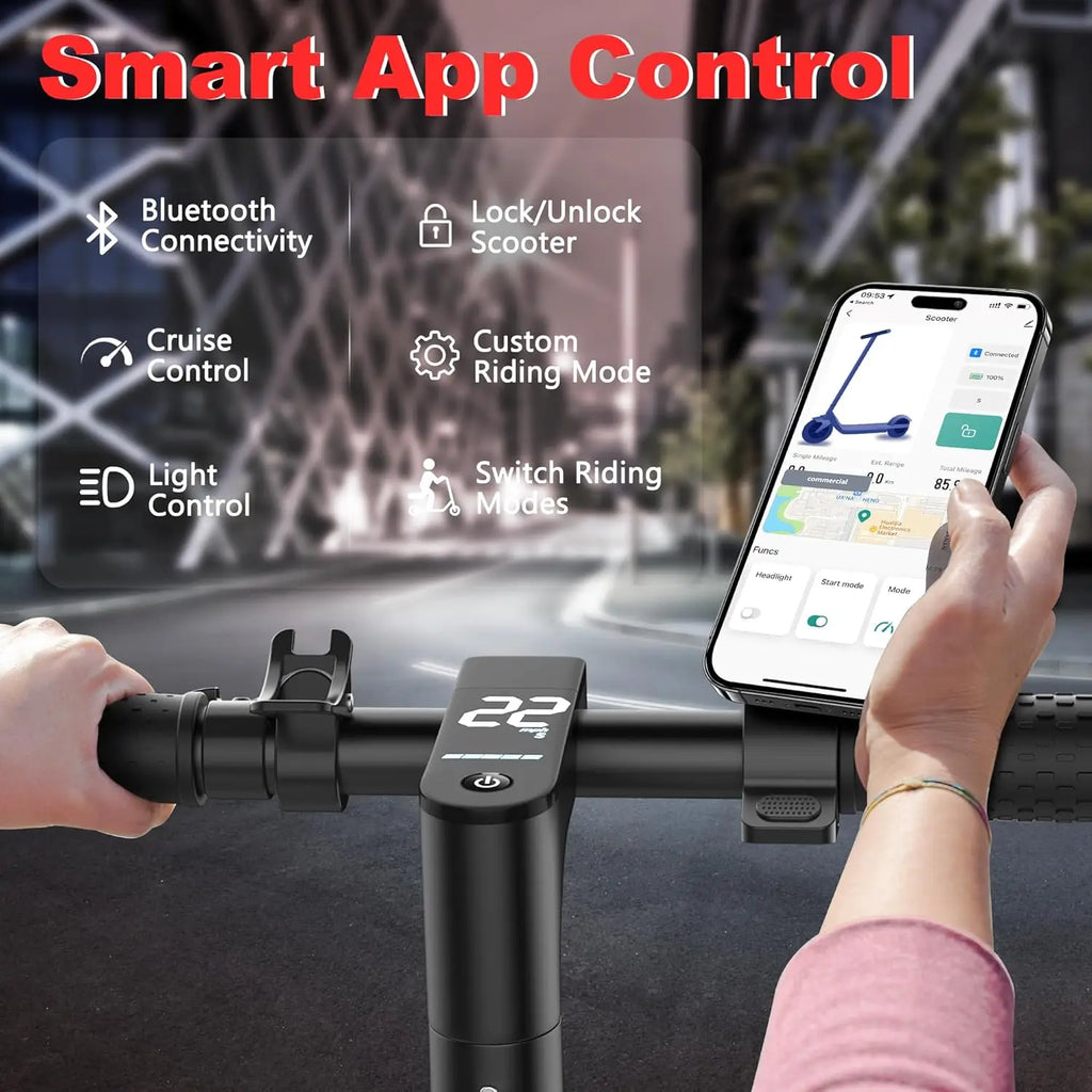 Trottinette électrique avec pneus alvéolés de 10 pouces, batterie 42 V 10,5 Ah, vitesse maximale de 35 km/h, autonomie maximale de 35 km, double freinage et suspension, contrôle via application.