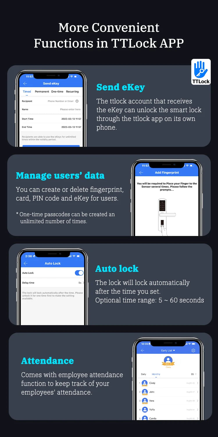 Serrure de porte intelligente Bluetooth TTLock avec application d'empreinte numérique, carte à code et écran tactile. Serrure électronique numérique de sécurité pour la maison.
