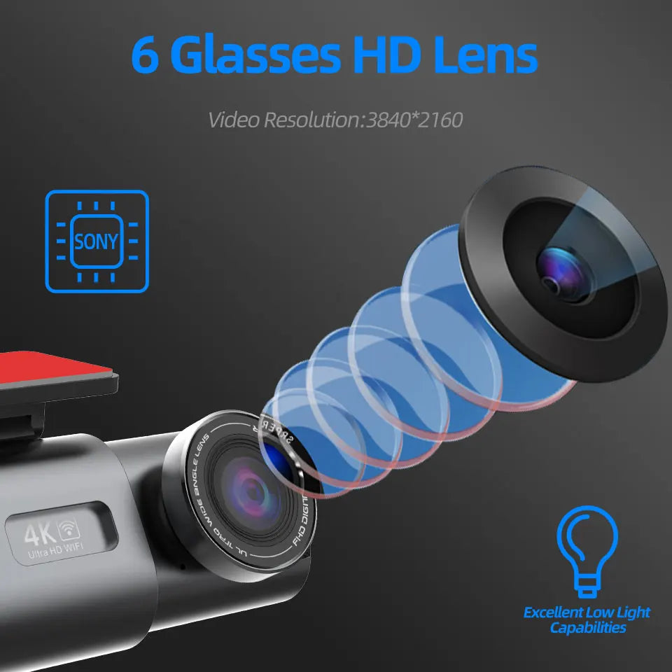 Caméra embarquée 4K UHD avec enregistrement vidéo DVR, vision nocturne, Wi-Fi intégré, GPS et surveillance 24h/24.