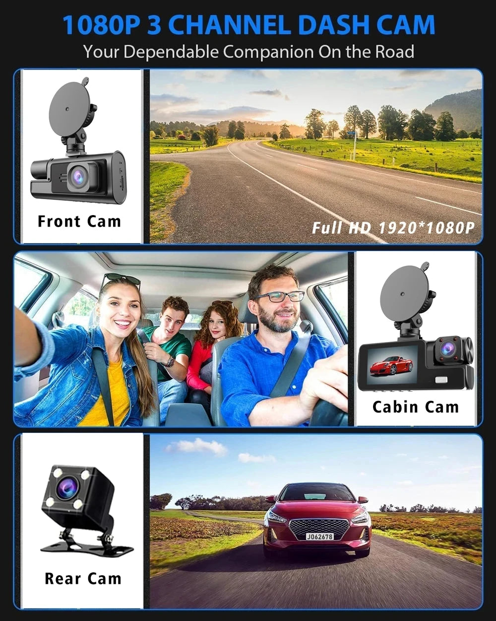 Caméra embarquée 3 canaux Wi-Fi avec DVR 1080p pour voiture (avant et intérieur), boîtier noir, surveillance de stationnement 24h/24, accessoires auto