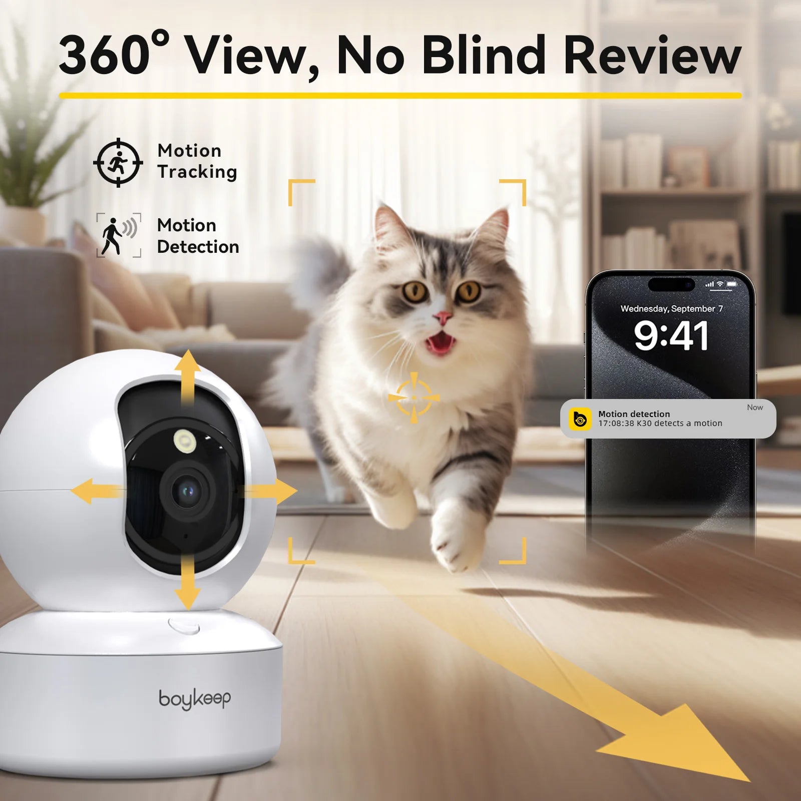 Caméra de Surveillance Boykeep 2K | Wi-Fi 5G/2,4 GHz, Vision Nocturne, Audio et Rotation 360°