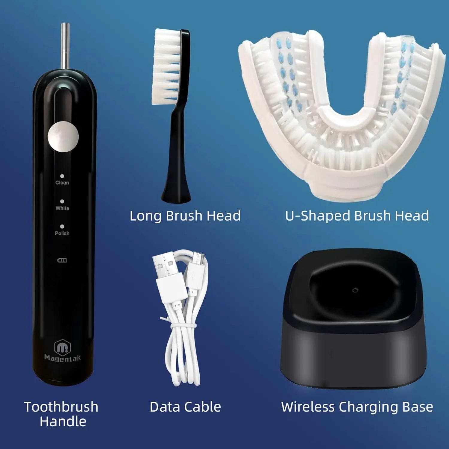 Brosse à dents électrique ultrasonique en forme de U pour adultes, nettoyage à 360°, chargement sans fil, étanche IPX7, en nylon.