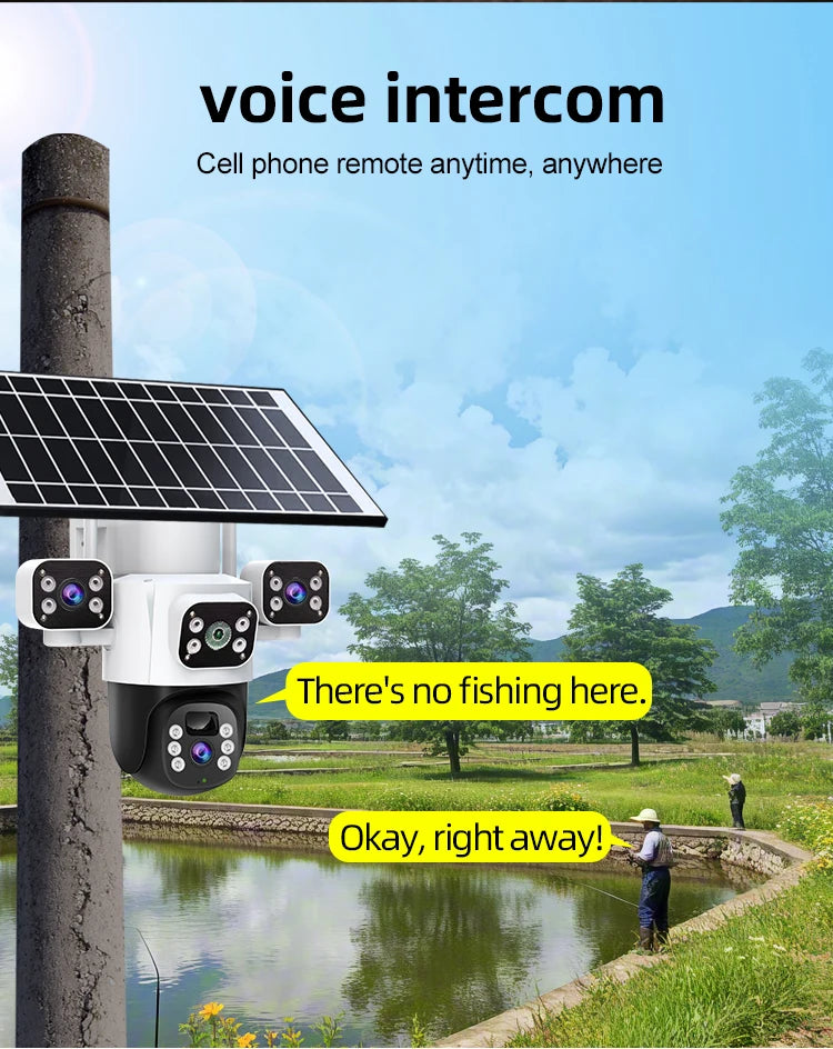 Caméra IP Solaire 4G 12 MP | Triple Objectif, Rotation PTZ, Détection de Mouvement et Suivi Intelligent