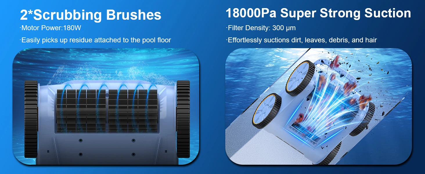Aspirateur de piscine avec une autonomie jusqu'à 180 minutes, robot nettoyeur de piscine hors sol pour piscines enterrées jusqu'à 185 m² (2000 pi²).