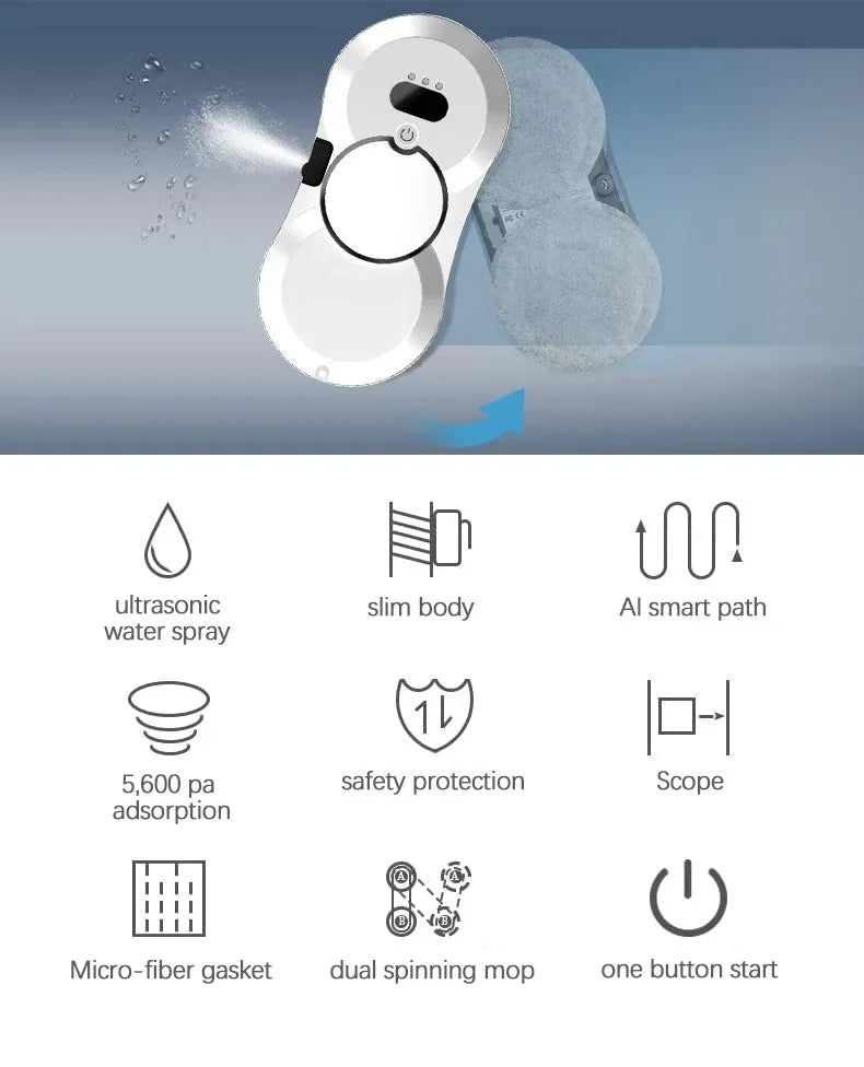 Robot nettoyeur de vitres automatique avec jet d'eau, télécommande, aspirateur et système anti-chute pour appartements et bureaux en hauteur