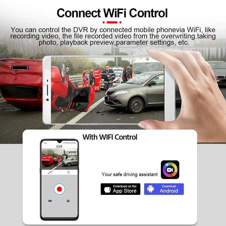Caméra embarquée pour voiture 1080p avec enregistreur vidéo DVR, double caméra avant et intérieure, enregistrement en boucle et surveillance WiFi.