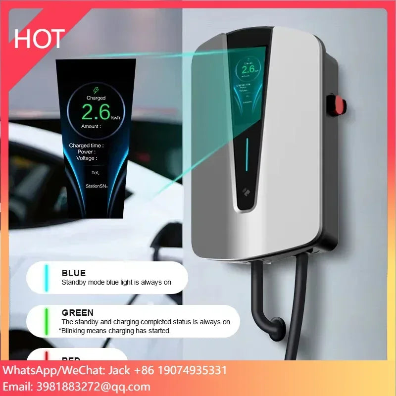 Borne de recharge véhicule électrique 7-22 kW, IP66, 230 V, montage mural, intérieur/extérieur
