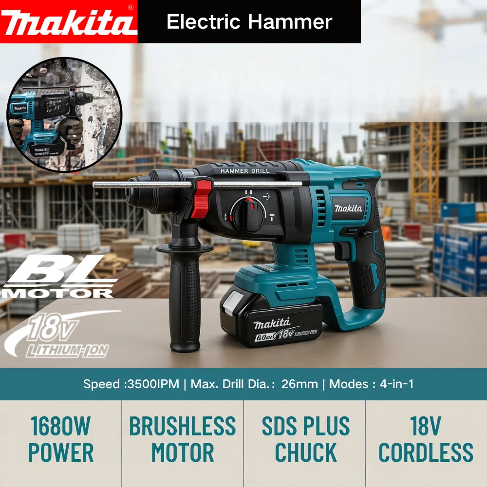 Marteau perforateur Makita DHR242 18V d'origine : faibles vibrations (13,5 m/s²), utilisation confortable pour les longues séances de perçage.