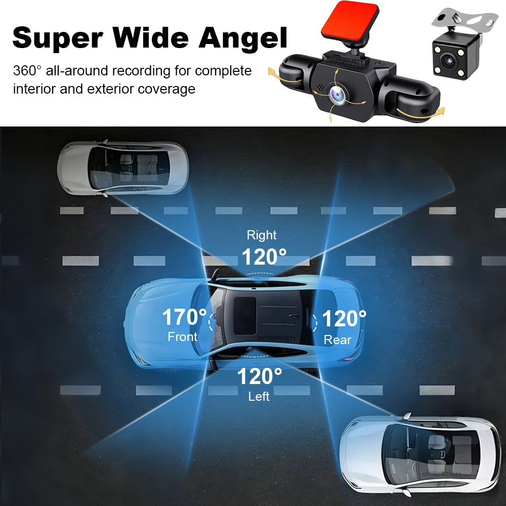 Dash Cam 4 Canaux 360° | Caméra de Voiture HD 1080p avec Vision Nocturne et Enregistrement Continu
