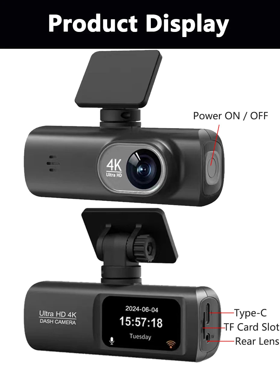 Caméra embarquée 4K UHD pour voiture, double objectif avant et arrière, GPS, Wi-Fi, mode parking 24h, vision nocturne, enregistreur vidéo DVR.