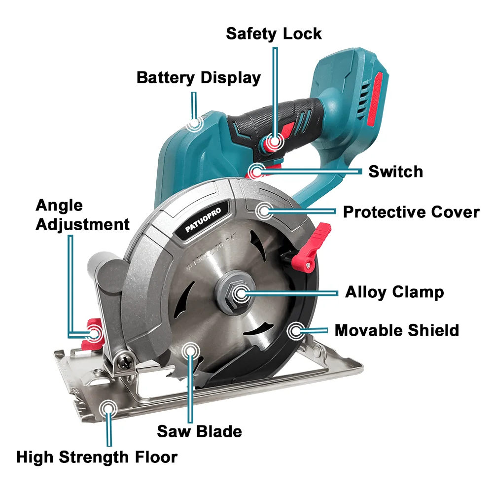 Scie électrique circulaire sans balais PATUOPRO 150 mm, scie électrique portative sans fil de 150 mm (6 pouces), machine à couper le bois pour batterie Makita 18 V