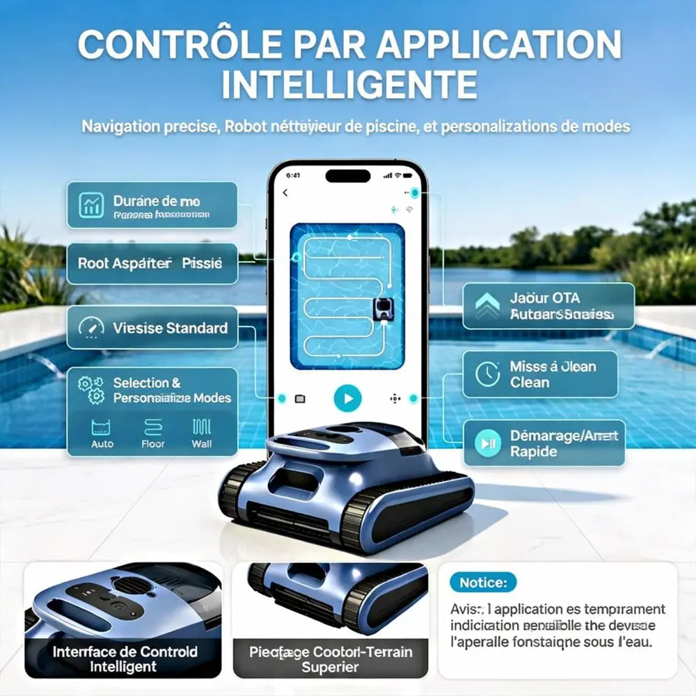 Robot nettoyeur de piscine intelligent pour piscines enterrées et hors sol : capable de grimper aux parois, navigation intelligente, autonomie de 180 minutes, surface de nettoyage de 2150 m².