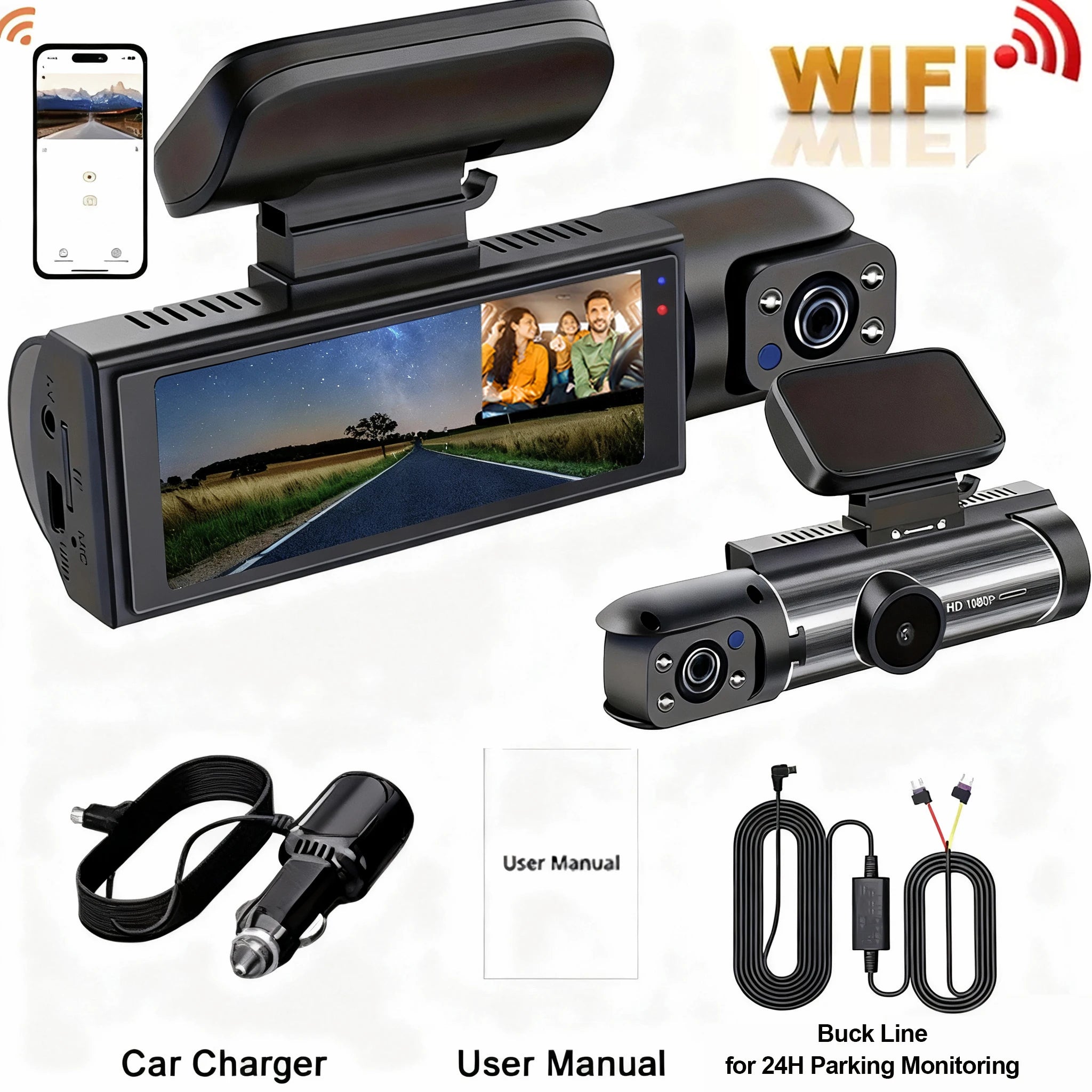 Caméra embarquée pour voiture 1080p avec enregistreur vidéo DVR, double caméra avant et intérieure, enregistrement en boucle et surveillance WiFi.