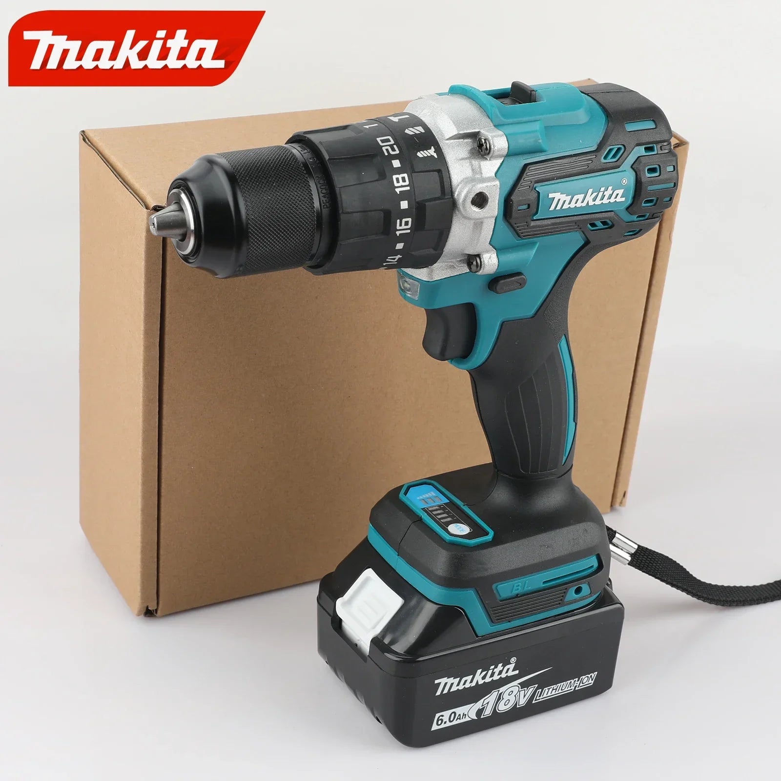 Perceuse à chocs électrique Makita DDF487 13 mm rouge et noire, sans balais, batterie lithium-ion 18 V, avec visseuse à couple élevé