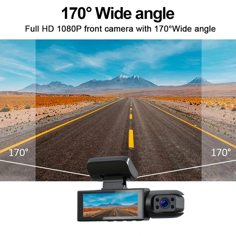 Caméra embarquée pour voiture 1080p avec enregistreur vidéo DVR, double caméra avant et intérieure, enregistrement en boucle et surveillance WiFi.