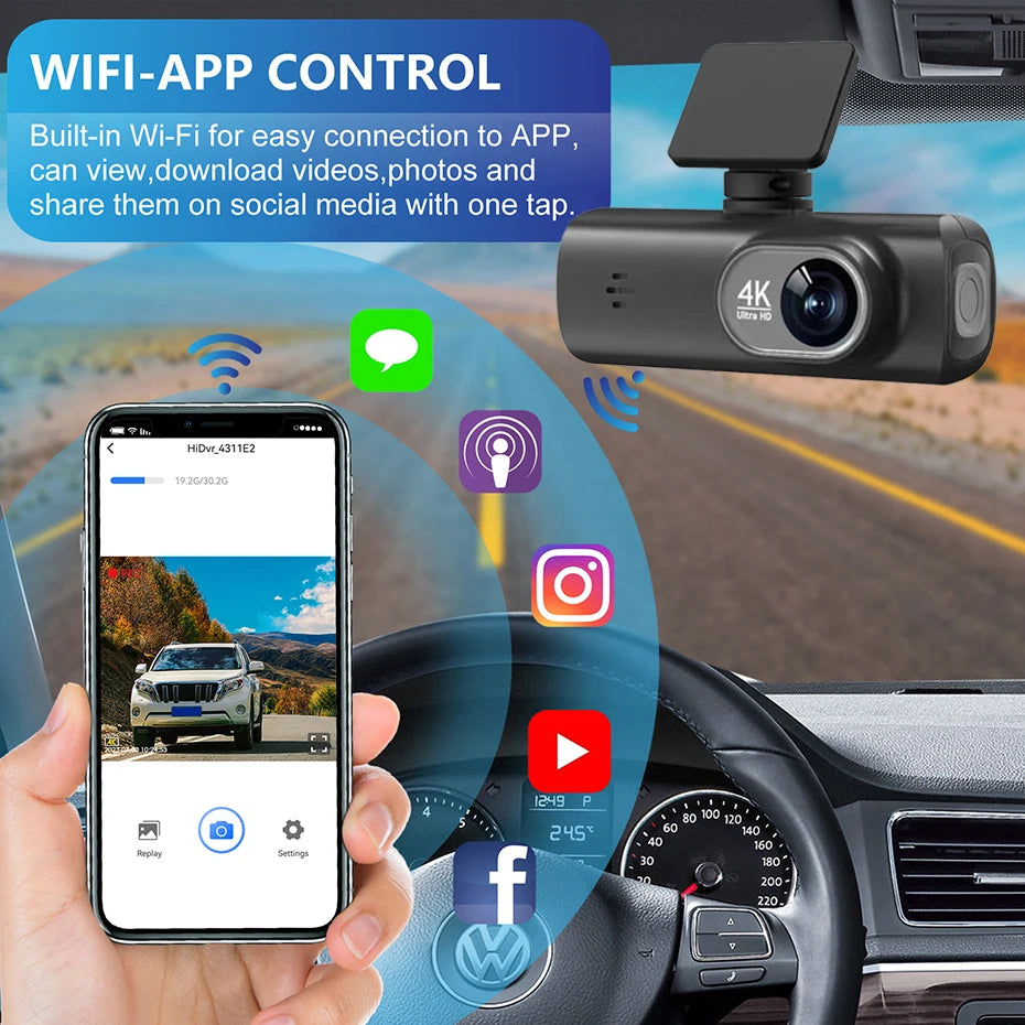 Caméra embarquée 4K UHD pour voiture, double objectif avant et arrière, GPS, Wi-Fi, mode parking 24h, vision nocturne, enregistreur vidéo DVR.