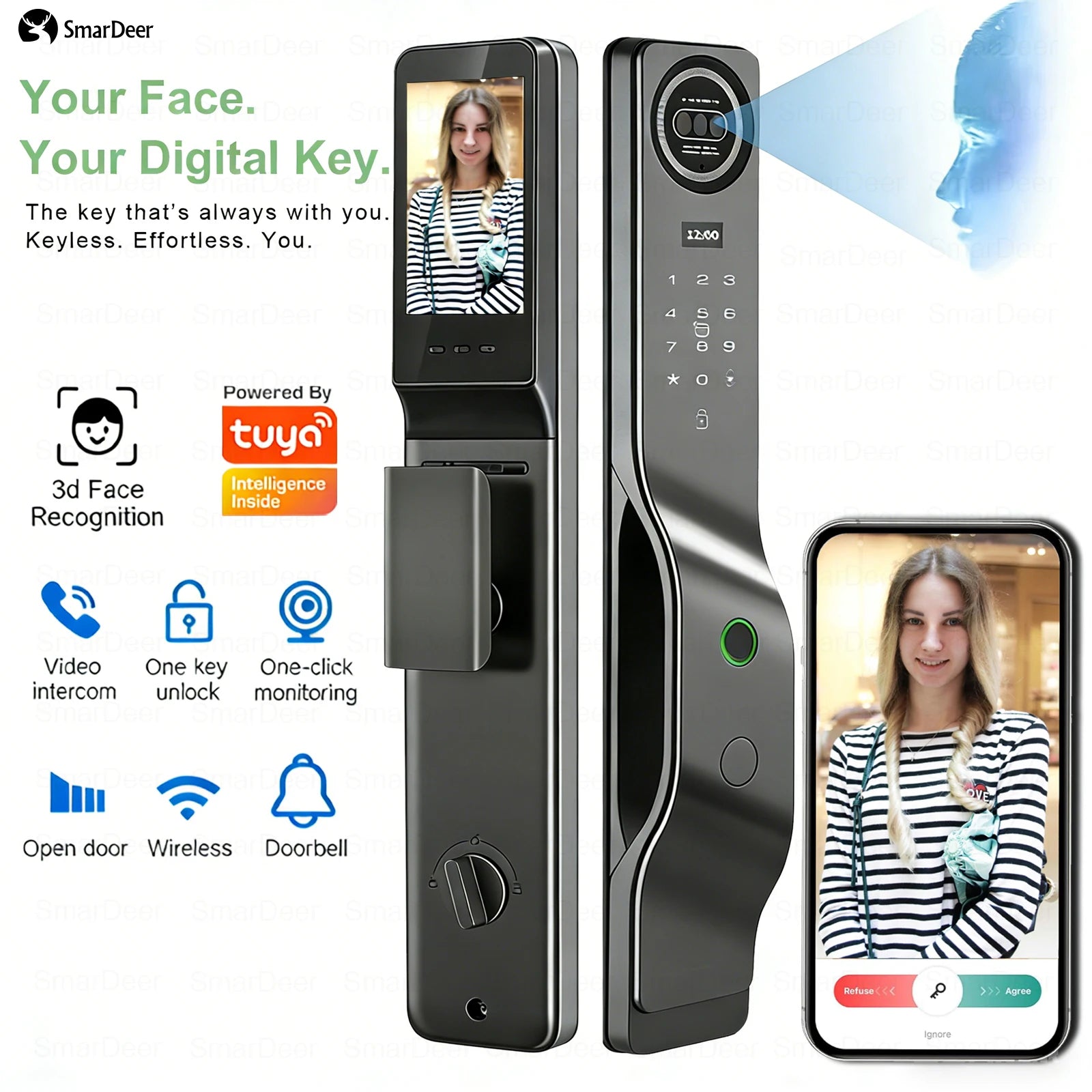 Serrure de porte intelligente Tuya avec reconnaissance faciale 3D, interphone vocal, vidéosurveillance, serrure électronique antivol pour la maison