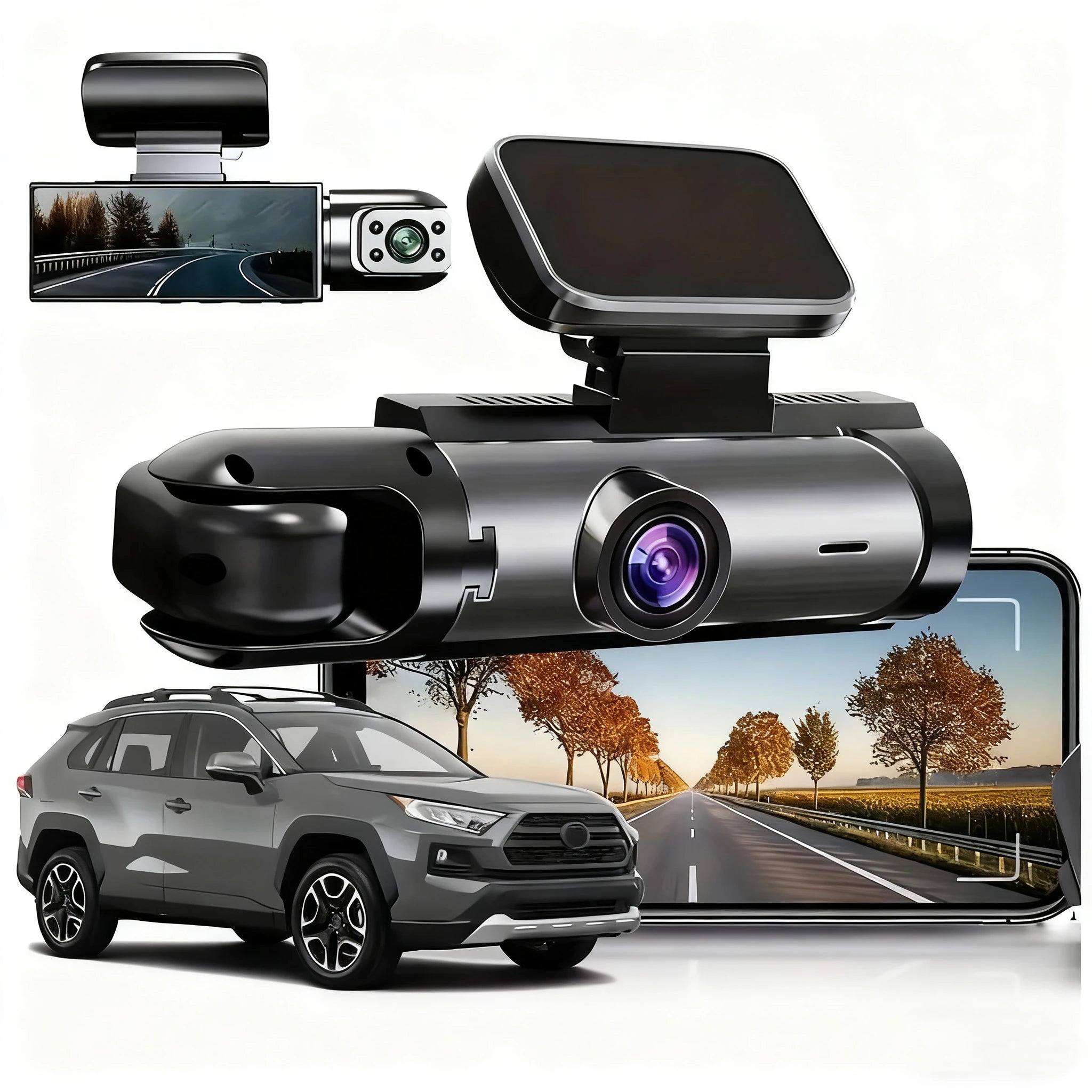 Caméra embarquée pour voiture 1080p avec enregistreur vidéo DVR, double caméra avant et intérieure, enregistrement en boucle et surveillance WiFi.