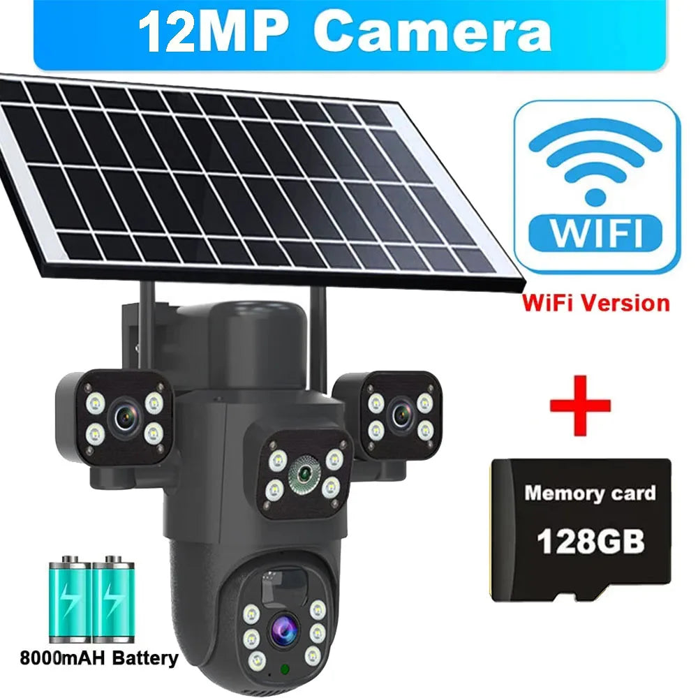 Caméra solaire 4G/WiFi, trois objectifs, écran, extérieur, 12 MP, 6K, batterie basse consommation, vision nocturne PIR, protection CCTV