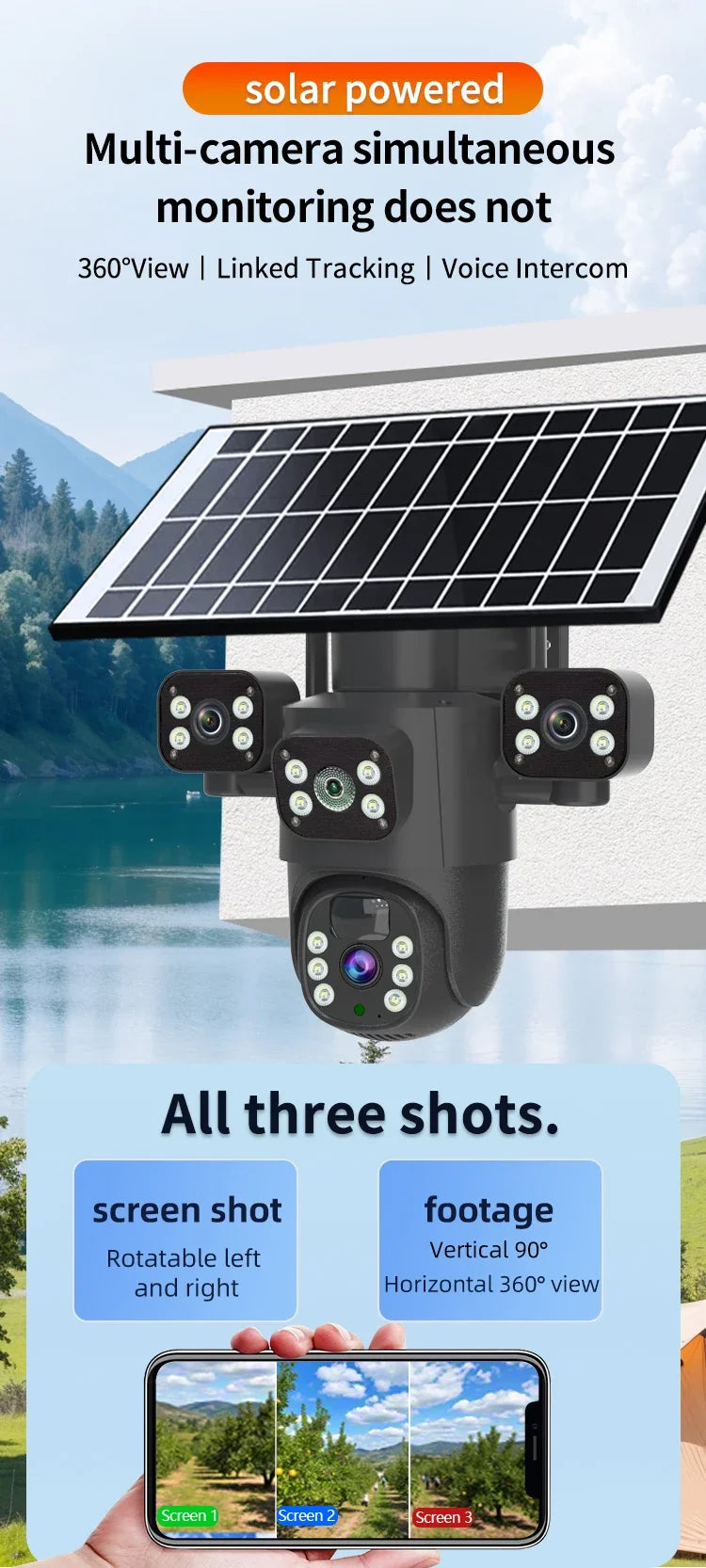Caméra solaire 4G/WiFi, trois objectifs, écran, extérieur, 12 MP, 6K, batterie basse consommation, vision nocturne PIR, protection CCTV
