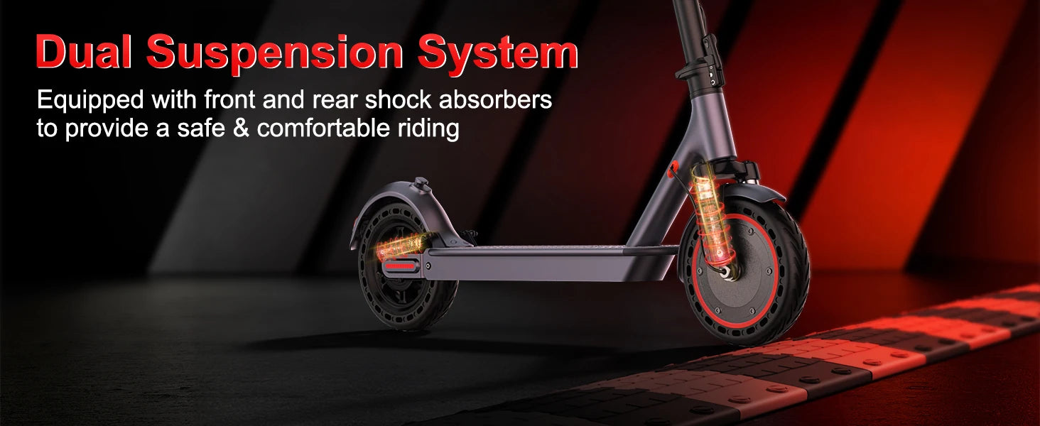 Trottinette électrique avec pneus alvéolés de 10 pouces, batterie 42 V 10,5 Ah, vitesse maximale de 35 km/h, autonomie maximale de 35 km, double freinage et suspension, contrôle via application.