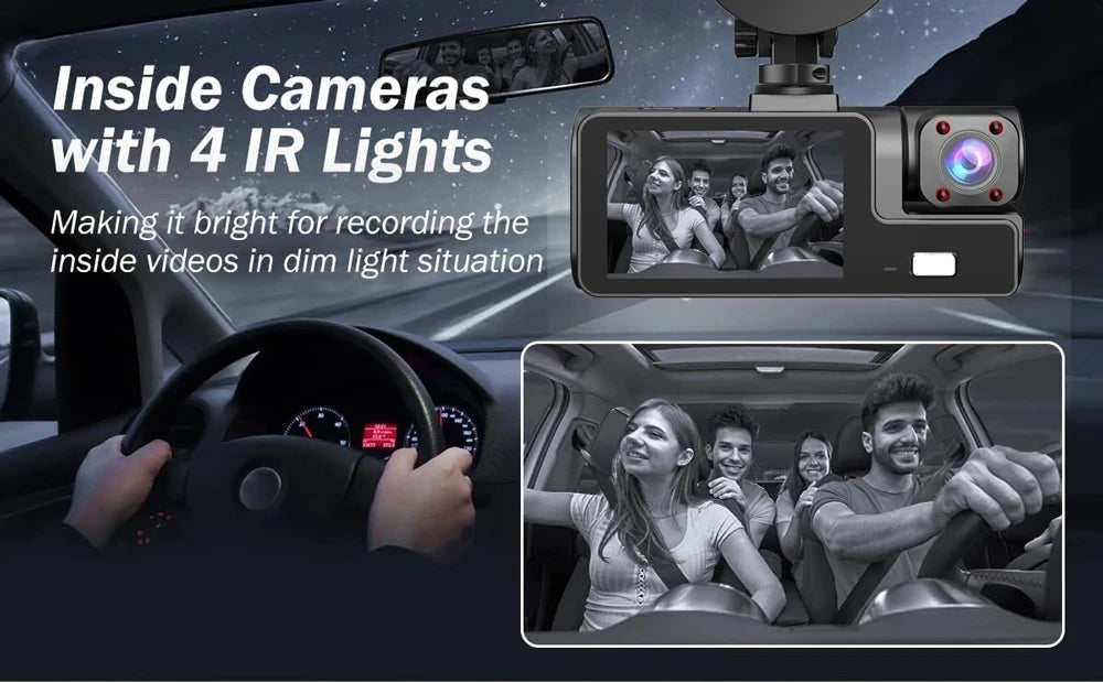 Caméra embarquée 3 canaux Wi-Fi avec DVR 1080p pour voiture (avant et intérieur), boîtier noir, surveillance de stationnement 24h/24, accessoires auto