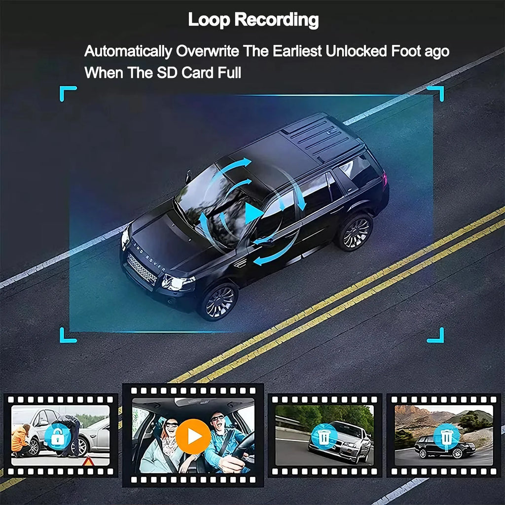 Caméra embarquée pour voiture 1080p avec enregistreur vidéo DVR, double caméra avant et intérieure, enregistrement en boucle et surveillance WiFi.