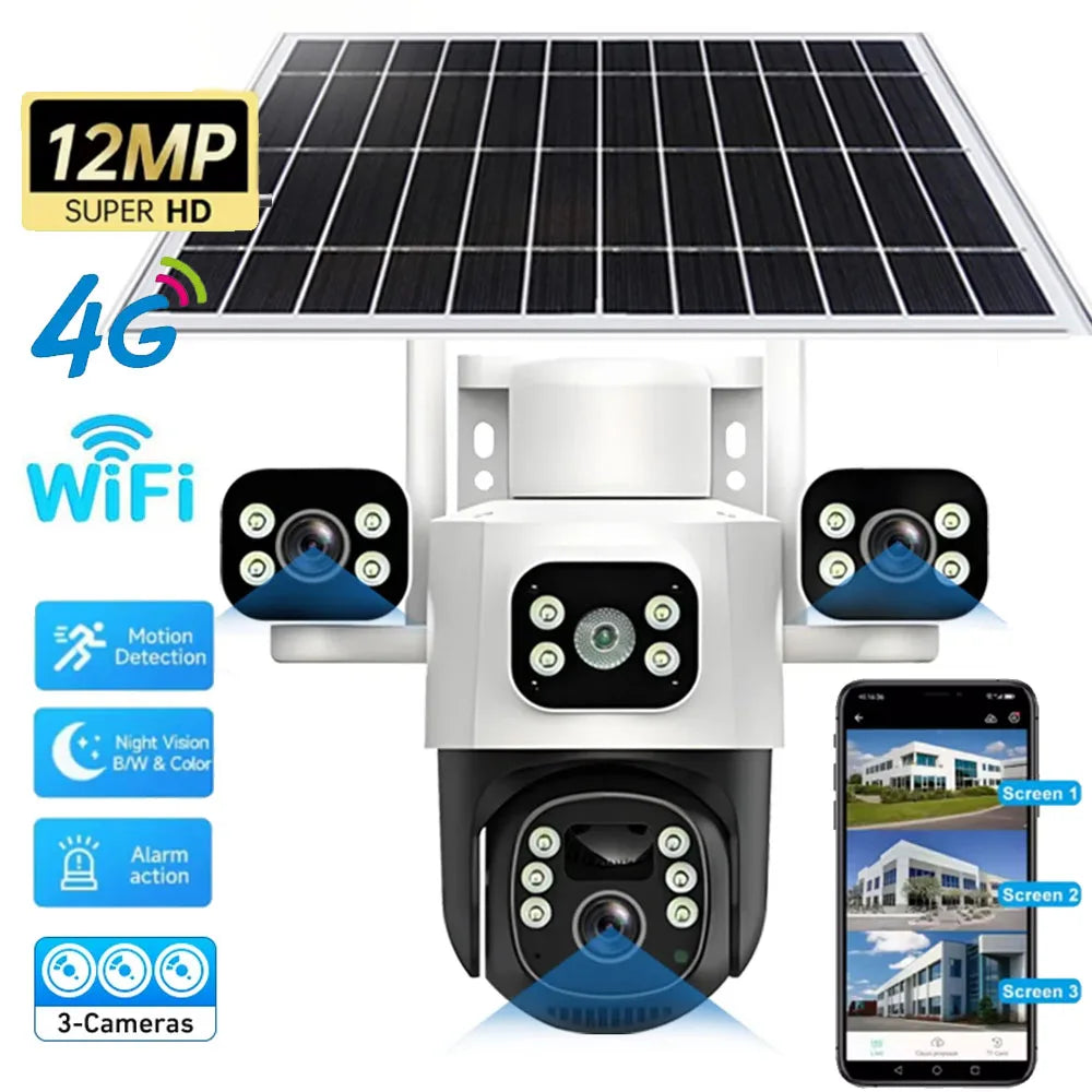 Caméra IP Solaire 4G 12 MP | Triple Objectif, Rotation PTZ, Détection de Mouvement et Suivi Intelligent
