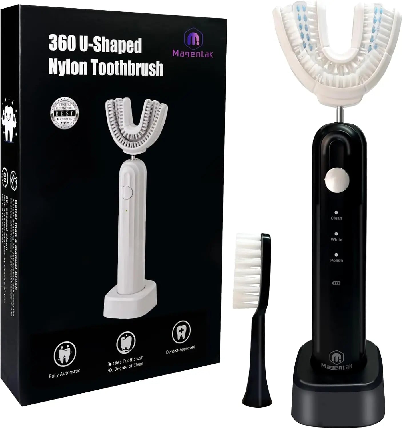 Brosse à dents électrique ultrasonique en forme de U pour adultes, nettoyage à 360°, chargement sans fil, étanche IPX7, en nylon.