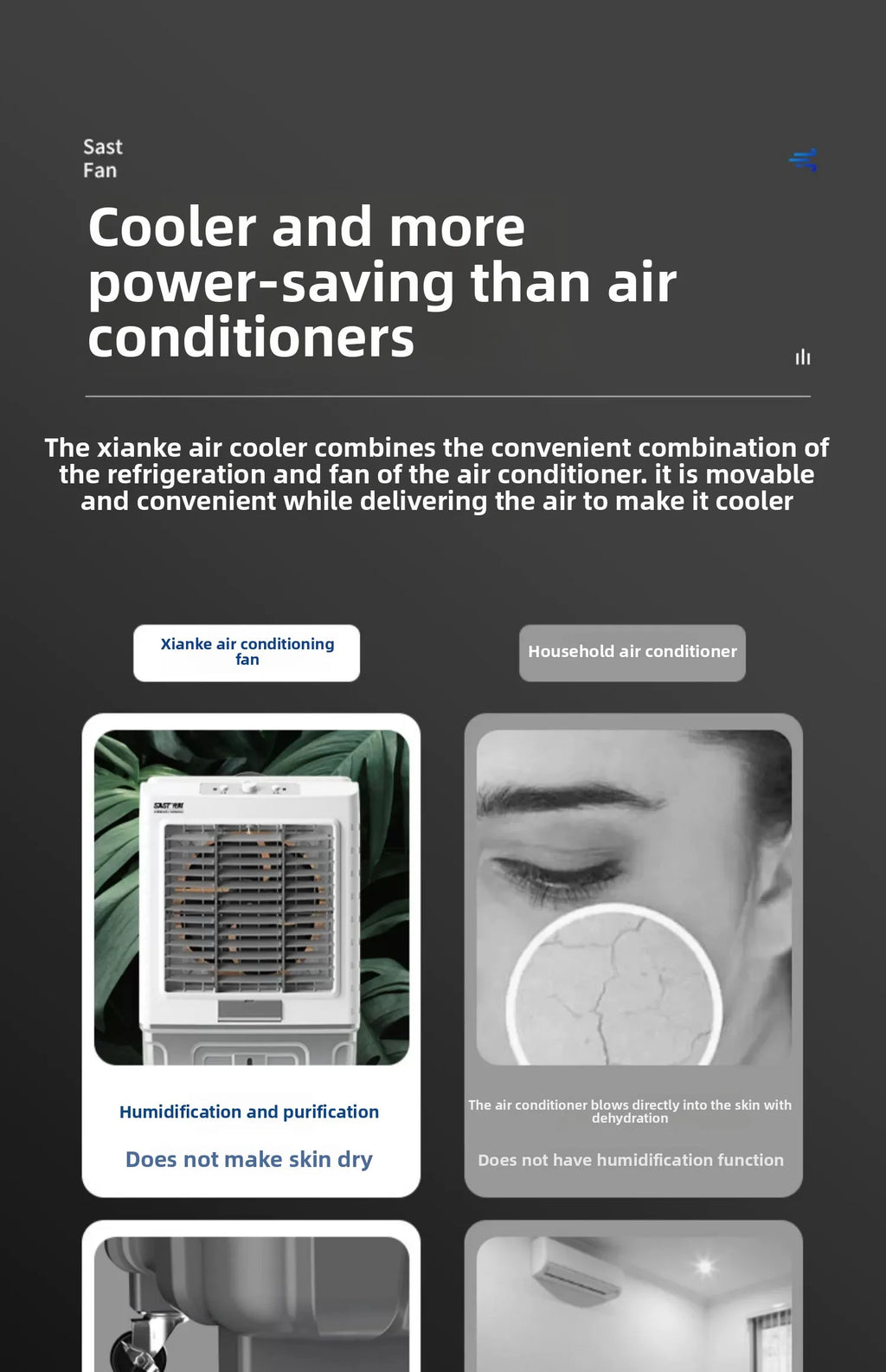 Ventilateur de climatisation à circulation d'évaporation pour réfrigérateur industriel, grand format, avec ajout d'eau fraîche. Utilisation commerciale.