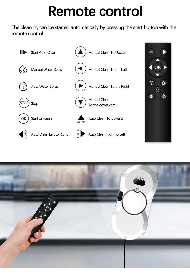 Robot nettoyeur de vitres automatique avec jet d'eau, télécommande, aspirateur et système anti-chute pour appartements et bureaux en hauteur