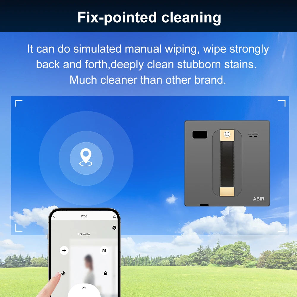 Robot nettoyeur de vitres ABIR WD8, double jet d'eau, mémoire intelligente, aspiration puissante, capteur laser, robot de nettoyage des vitres murales pour la maison