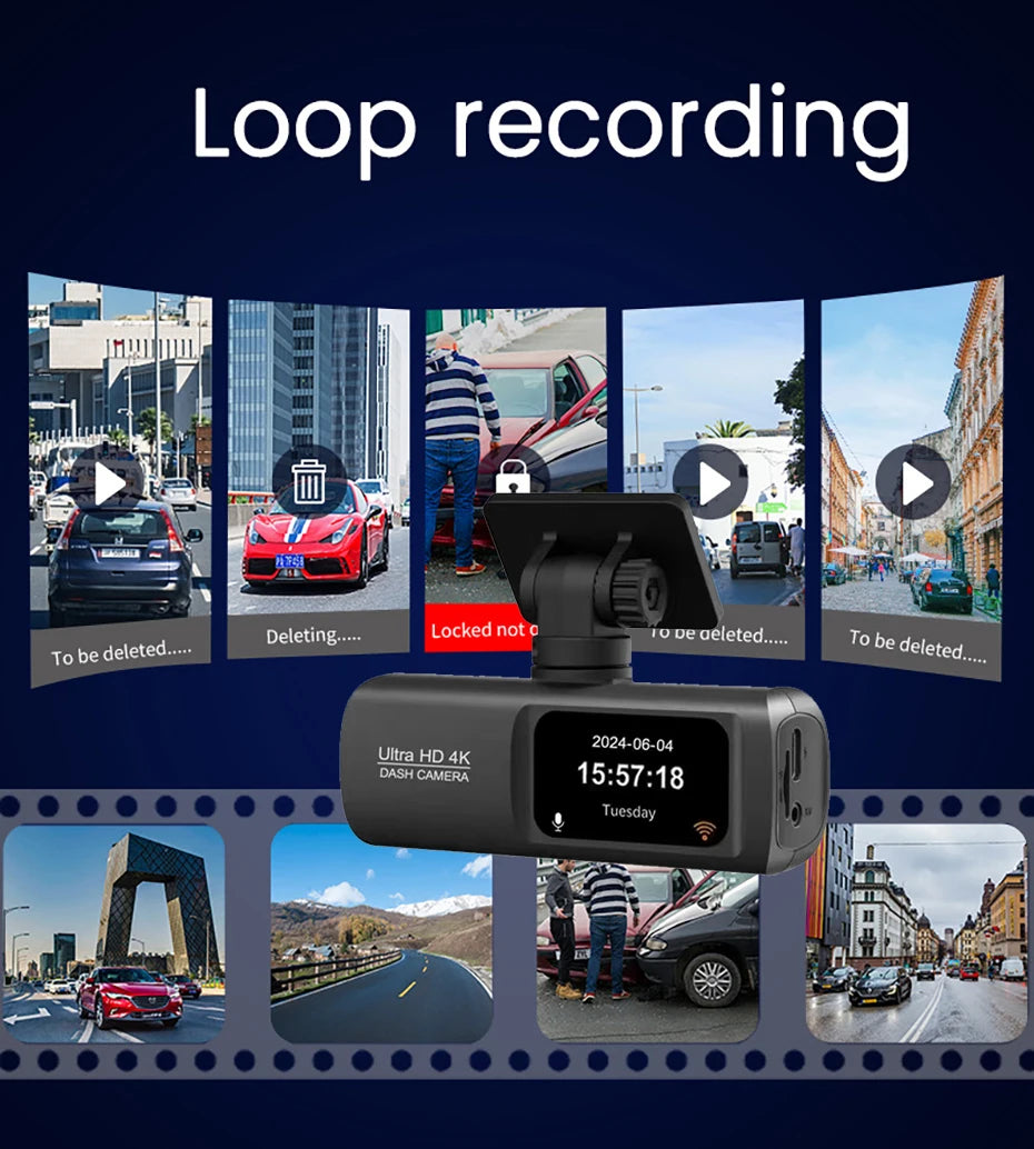 Caméra embarquée 4K UHD pour voiture, double objectif avant et arrière, GPS, Wi-Fi, mode parking 24h, vision nocturne, enregistreur vidéo DVR.