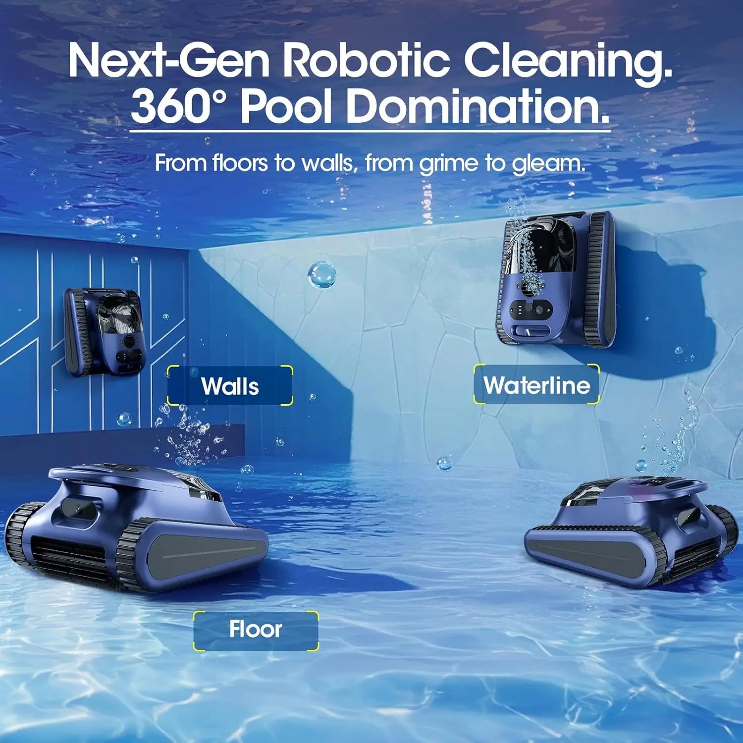 Robot aspirateur de piscine sans fil, aspirateur de piscine, moteur sans balais de 180 W, aspiration de 45 000 Pa, franchissement des parois et de la ligne d'eau, cartographie automatique du parcours