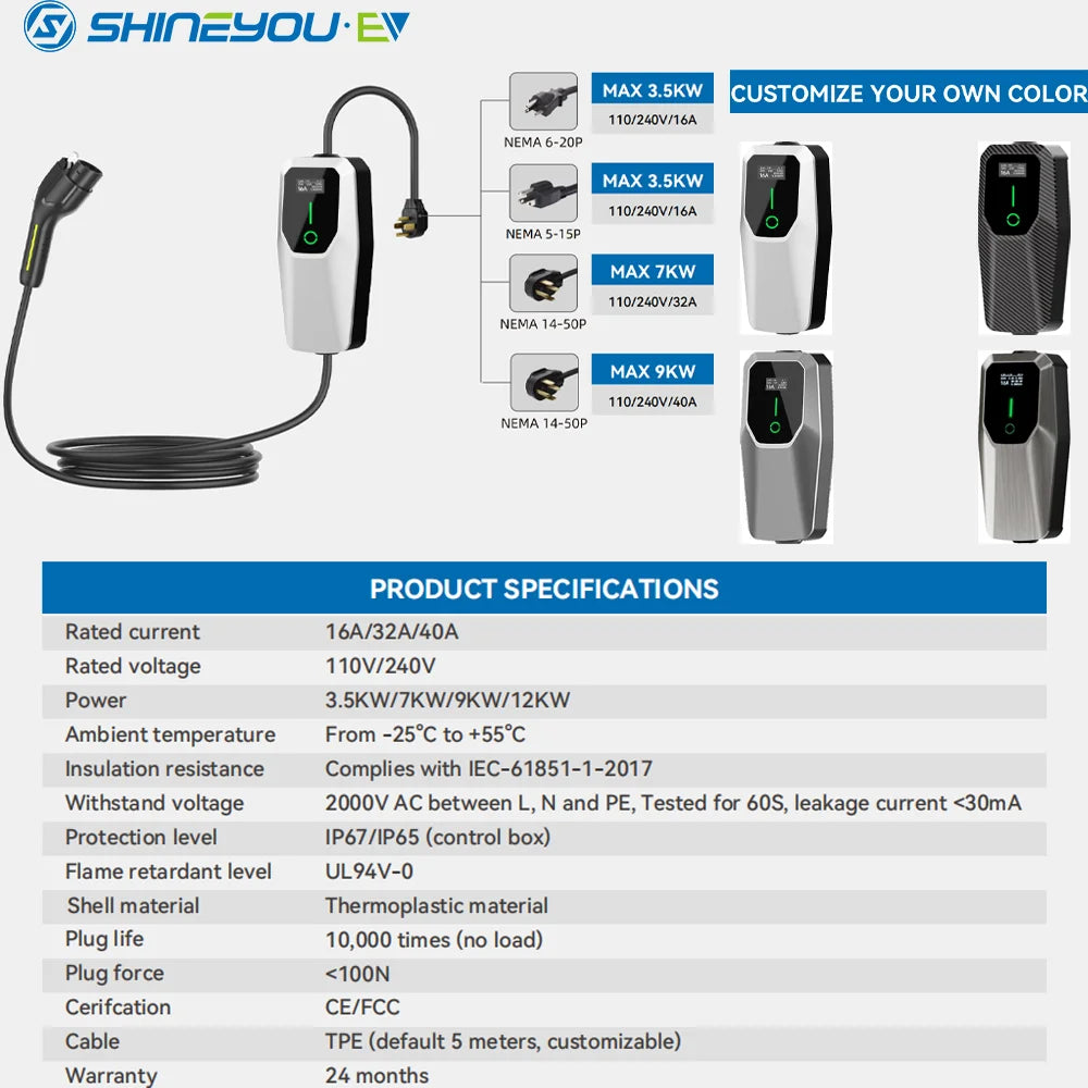 Chargeur mural portable pour véhicules électriques, type 1, 32 A max., 7,2 kW, écran LCD, conforme à la norme SAE J1772. Courant de charge réglable.