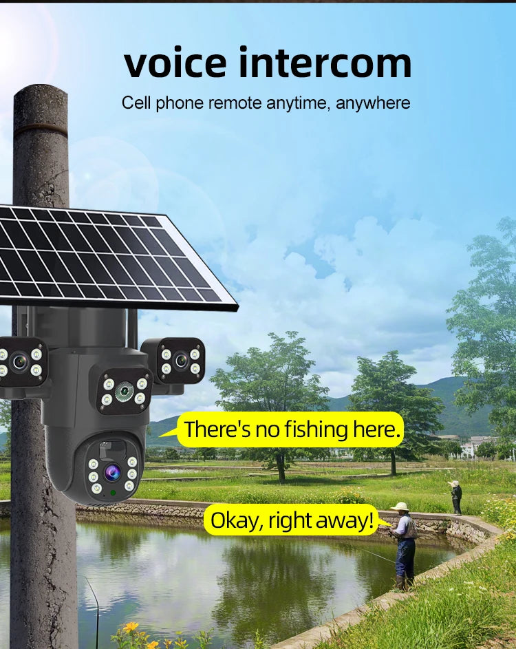 Caméra solaire 4G/WiFi, trois objectifs, écran, extérieur, 12 MP, 6K, batterie basse consommation, vision nocturne PIR, protection CCTV