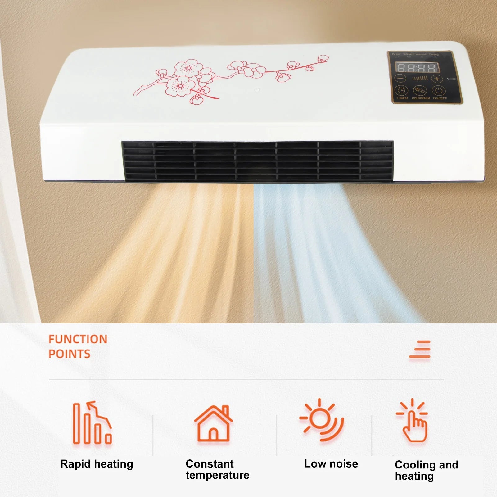 Ventilateur de chauffage et de climatisation électrique mural avec minuterie et réglage facile de la température.