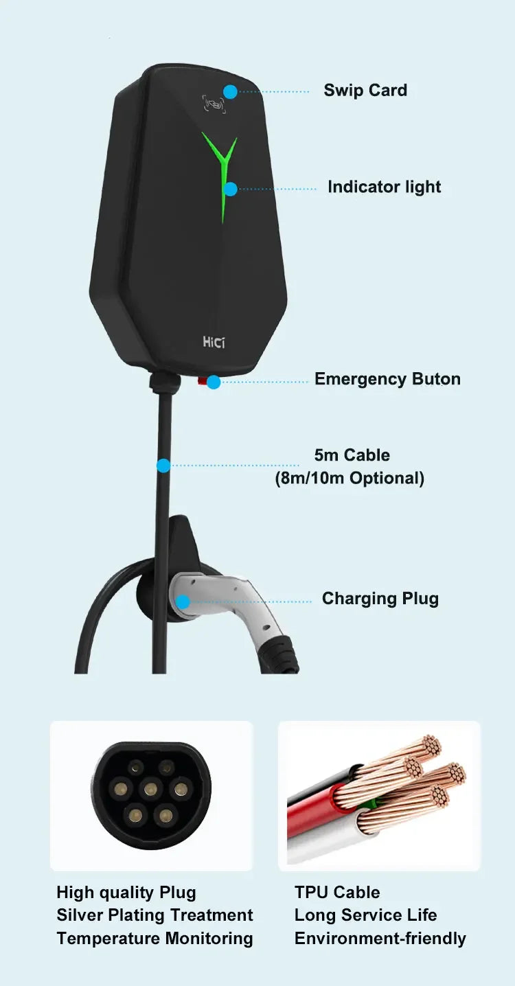Borne de recharge intelligente HICI 7 kW/11 kW CA pour véhicules électriques, type 2, 16 A/32 A, borne de recharge pour véhicules électriques 22 kW