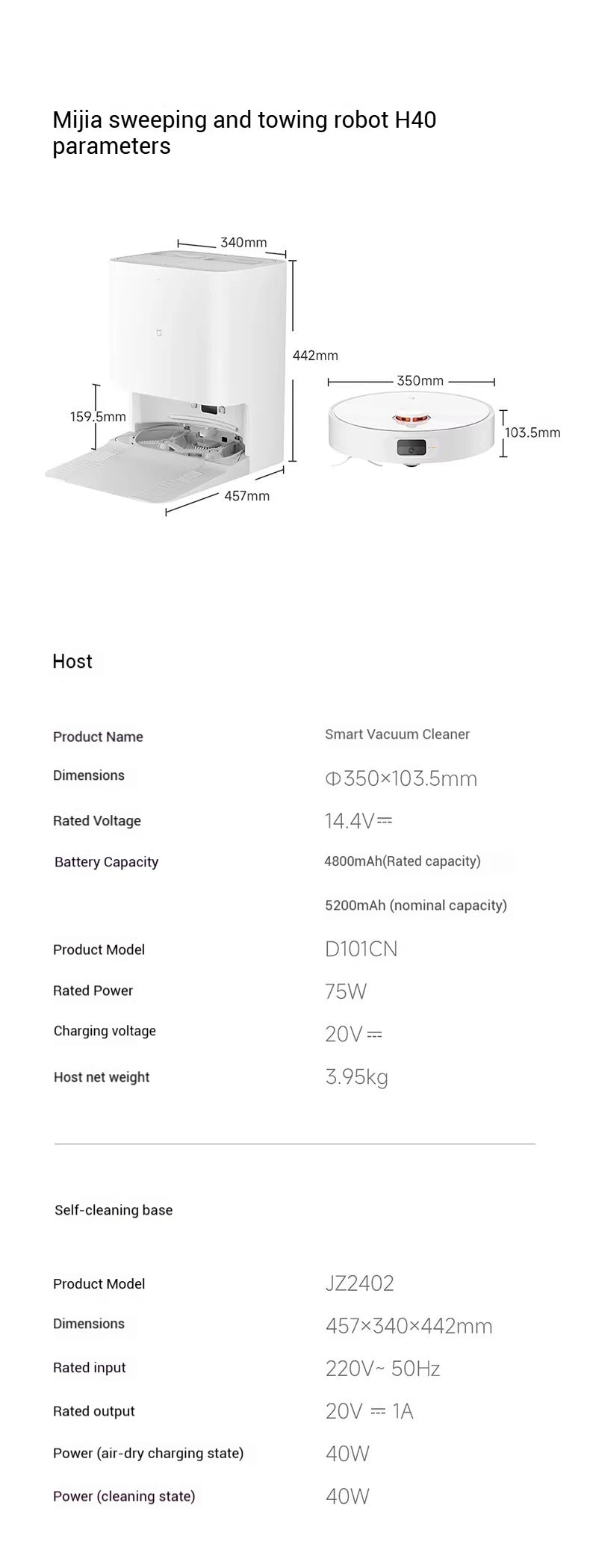 Robot aspirateur XIAOMI MIJIA H40 : nettoyage intelligent de la maison, balayage rotatif haute vitesse, aspiration cyclonique 10 000 Pa, laser LDS