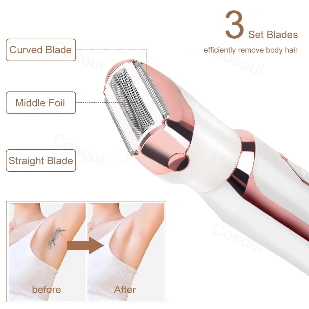 Rasoir électrique 4 en 1 pour femmes, rasoir corporel portable et indolore pour aisselles, maillot, soutiens-gorge, jambes, visage et moustache.