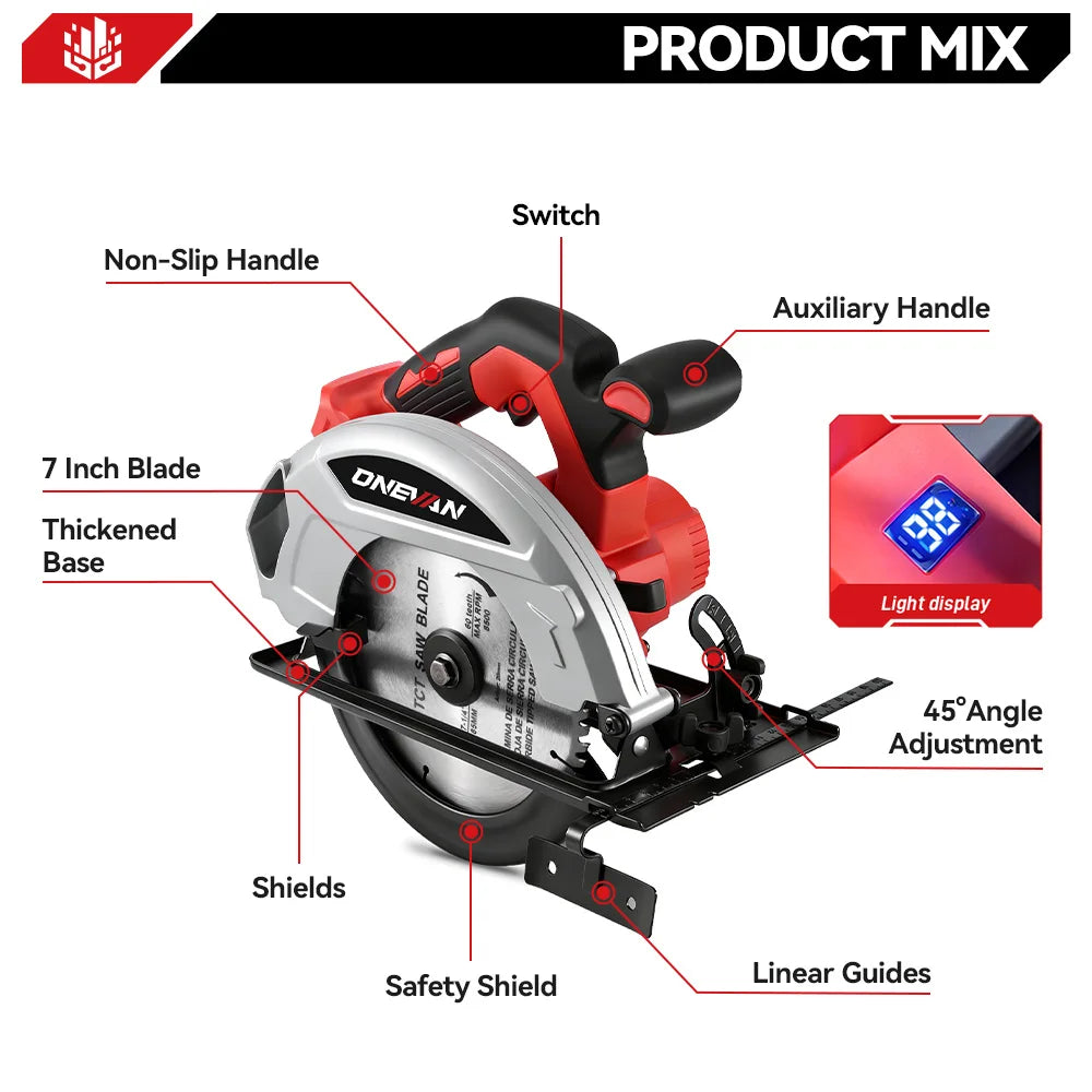 Scie électrique circulaire sans balais ONEVAN 4000 W, 18 cm (7 pouces), sans fil, rechargeable, portable, pour la coupe du bois, compatible avec les batteries Makita.